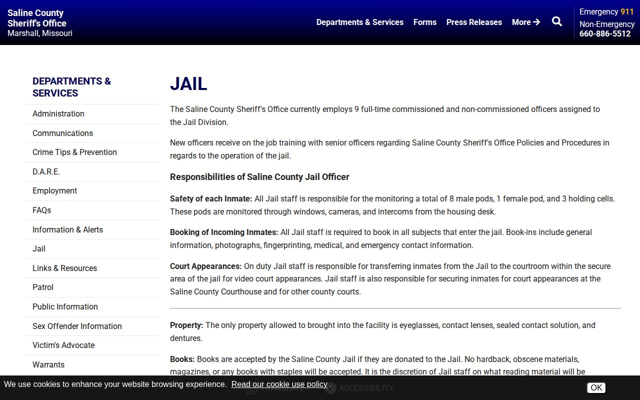 Saline County Sheriff jail page describing booking intake