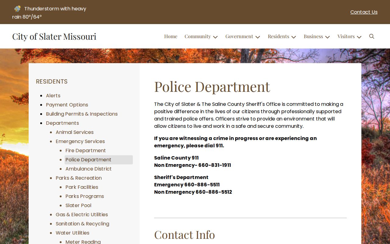 Captured City of Slater police page listing Saline County law-enforcement contacts
