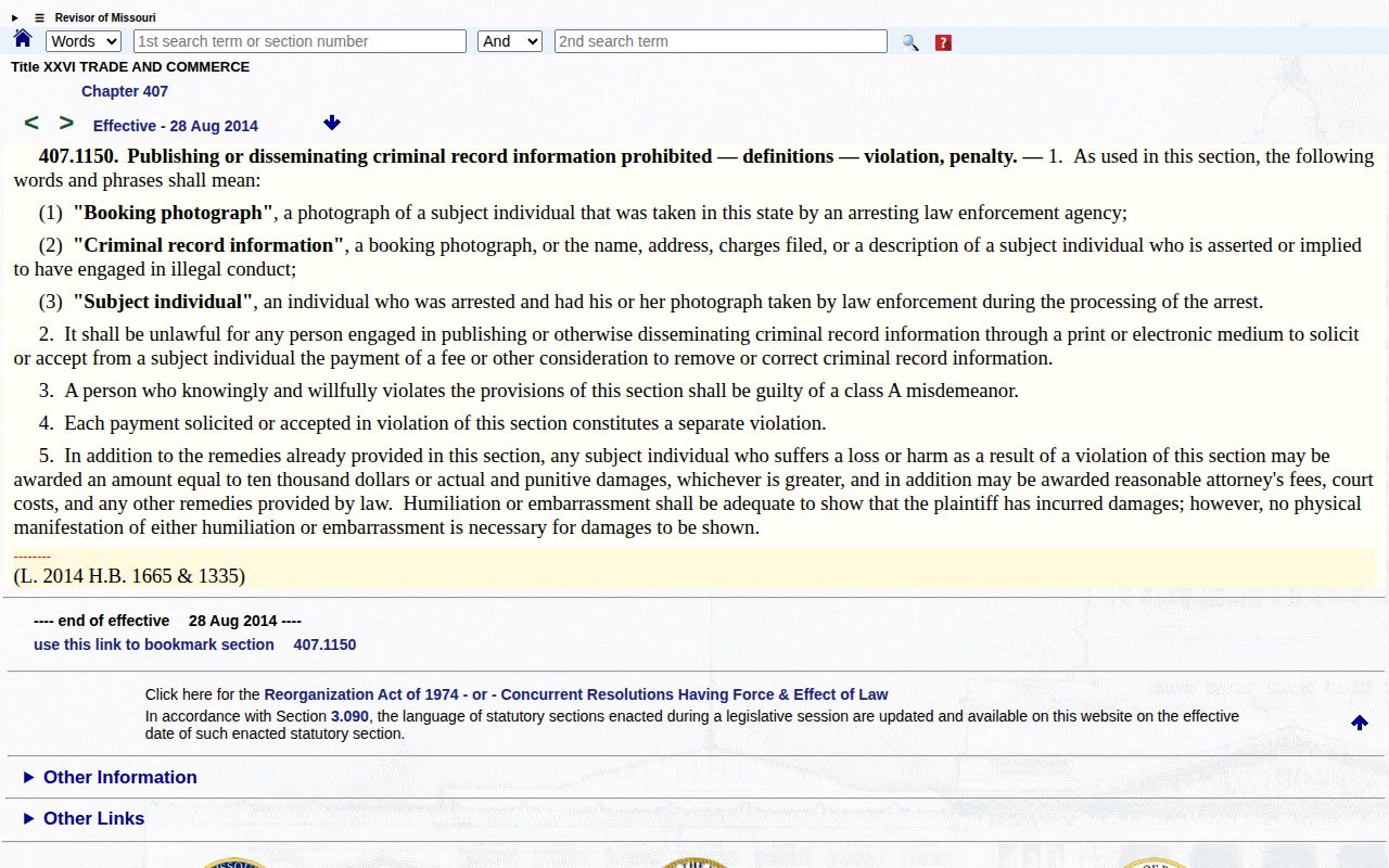 Missouri statute 407.1150 on payment for criminal record removal
