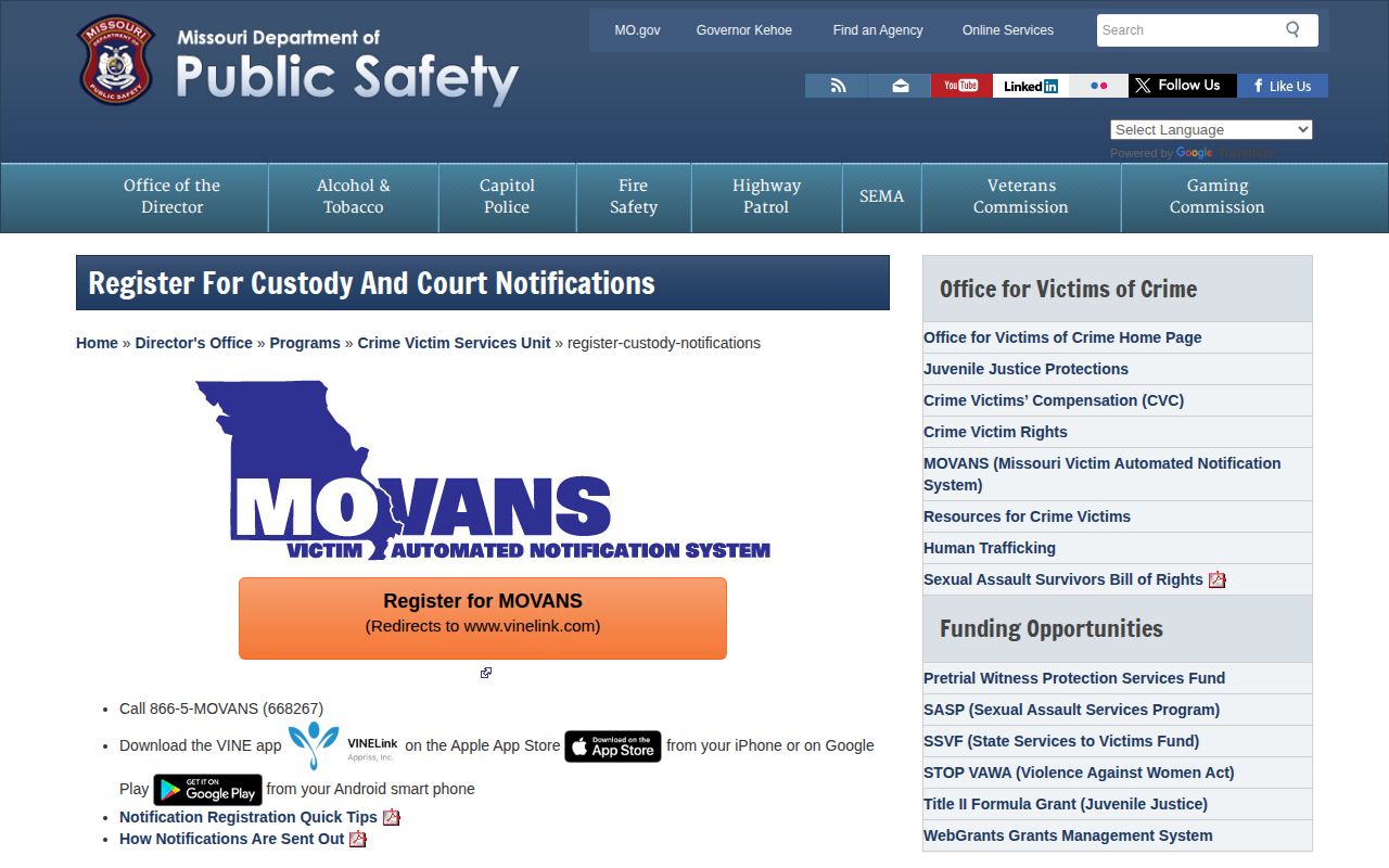 Missouri legacy VINELink custody notification registration page