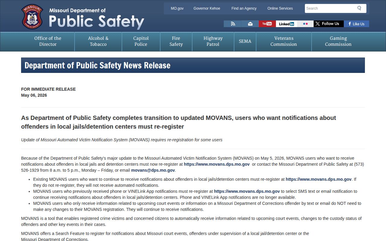 Missouri DPS MOVANS transition notice affecting Saline County VINE alerts